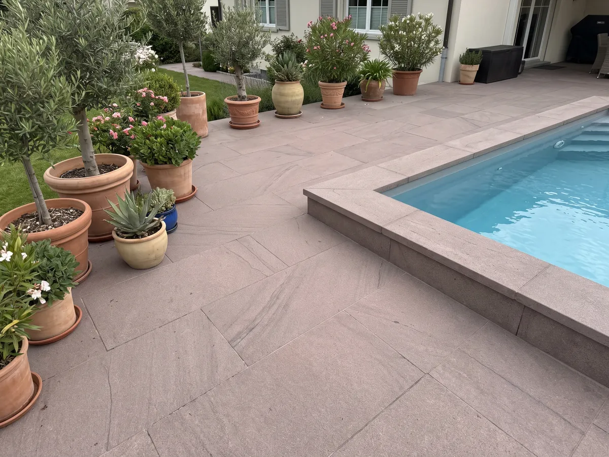 Terrace floor and pool coping in Santafiora Brown sandstone with planters: an almost uniform mauve, fine-grained surface with no marked veins