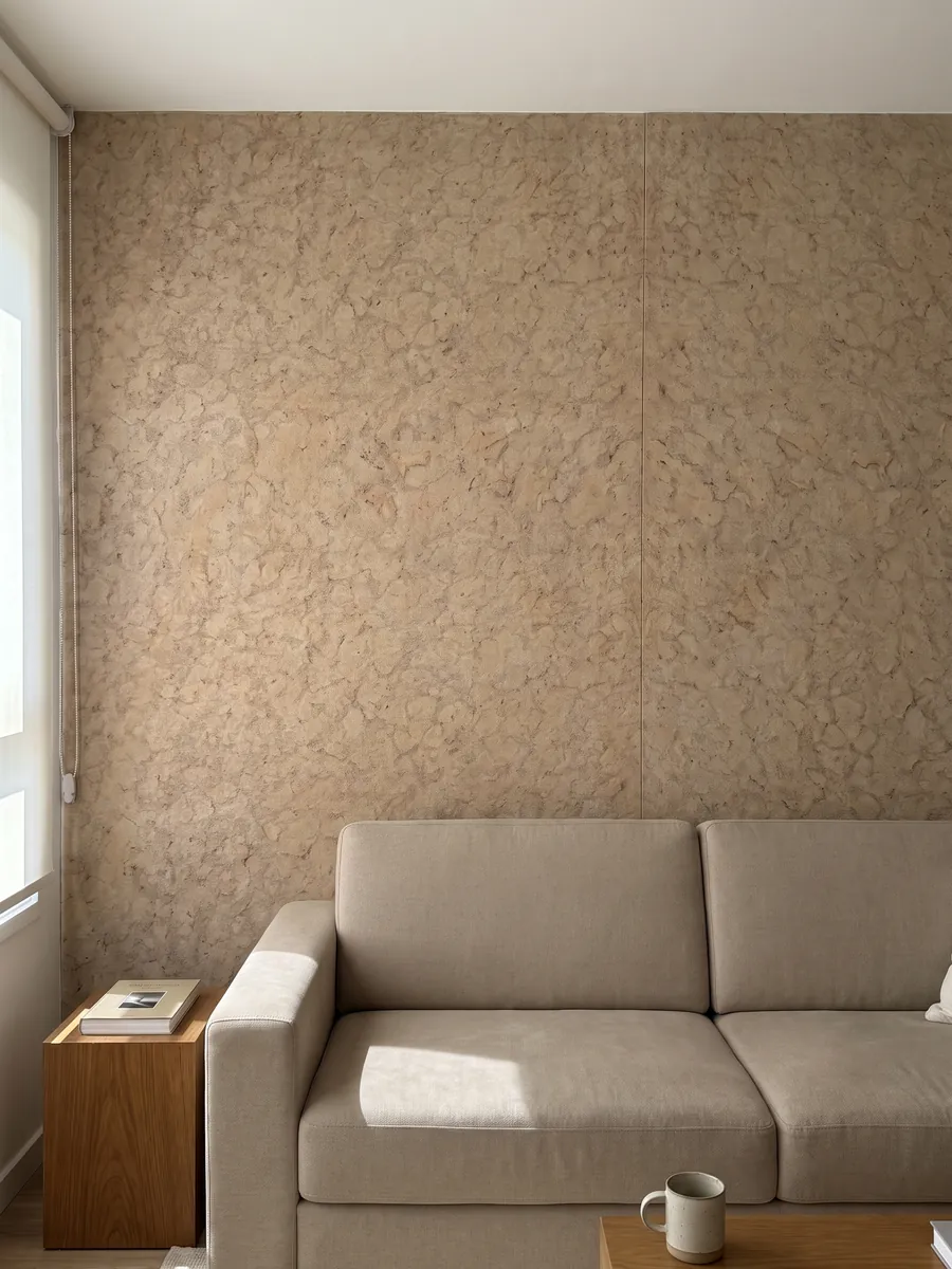 Living room wall clad in bookmatched Santafiora Fiorita sandstone slabs behind a sofa: sandy beige with a network pattern of patches, like a fine crackling
