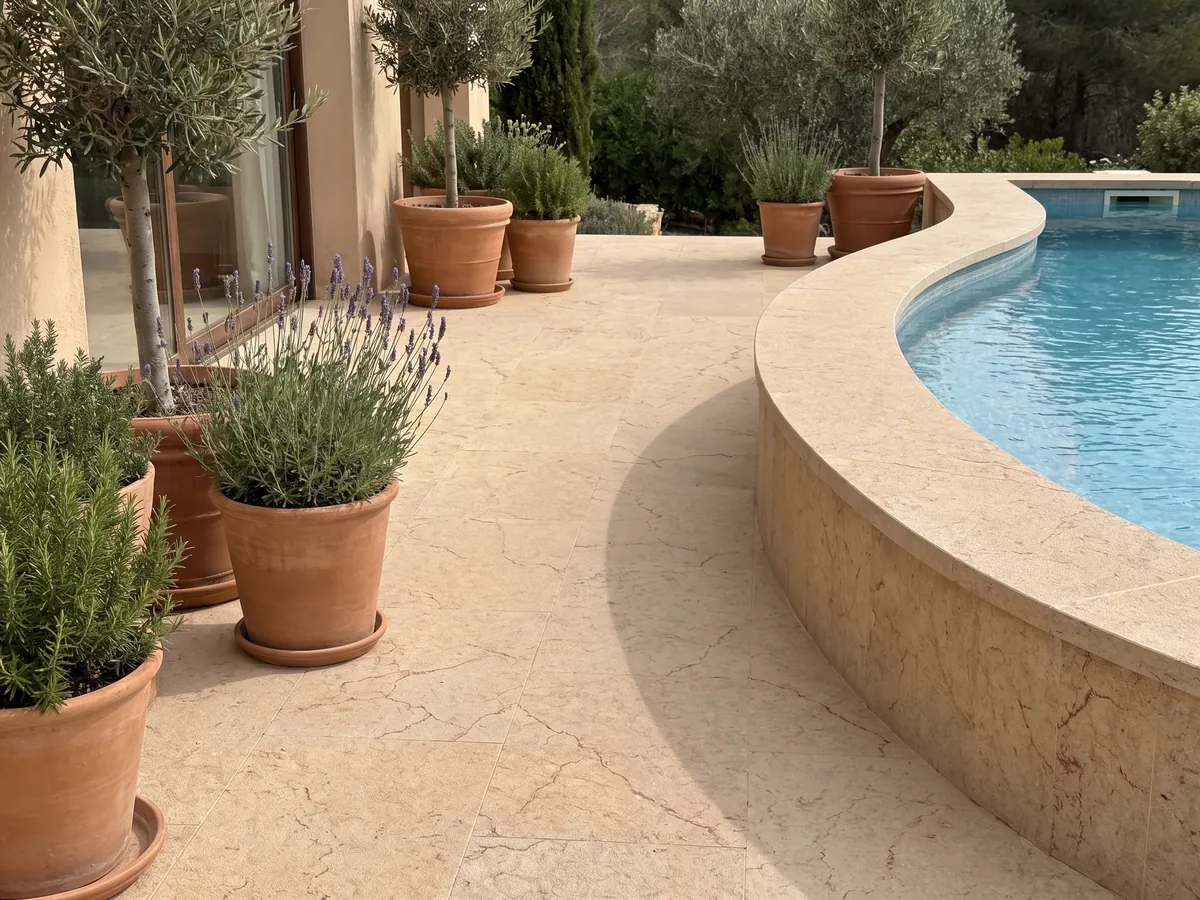 Terrace floor and pool coping in Santafiora Fiorita sandstone with planters: sandy beige with a network pattern of patches, like a fine crackling