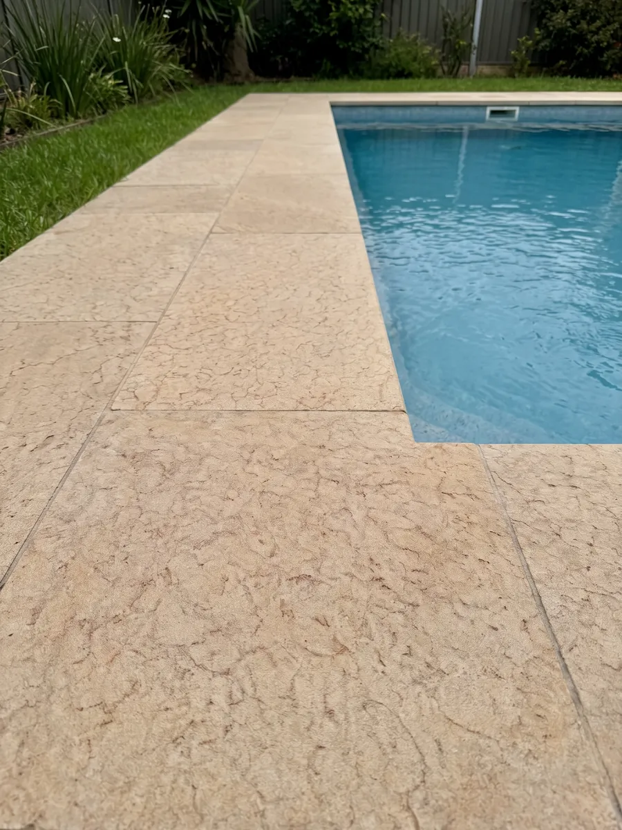 Pool coping and surround in Santafiora Fiorita sandstone in a house garden: sandy beige with a network pattern of patches, like a fine crackling