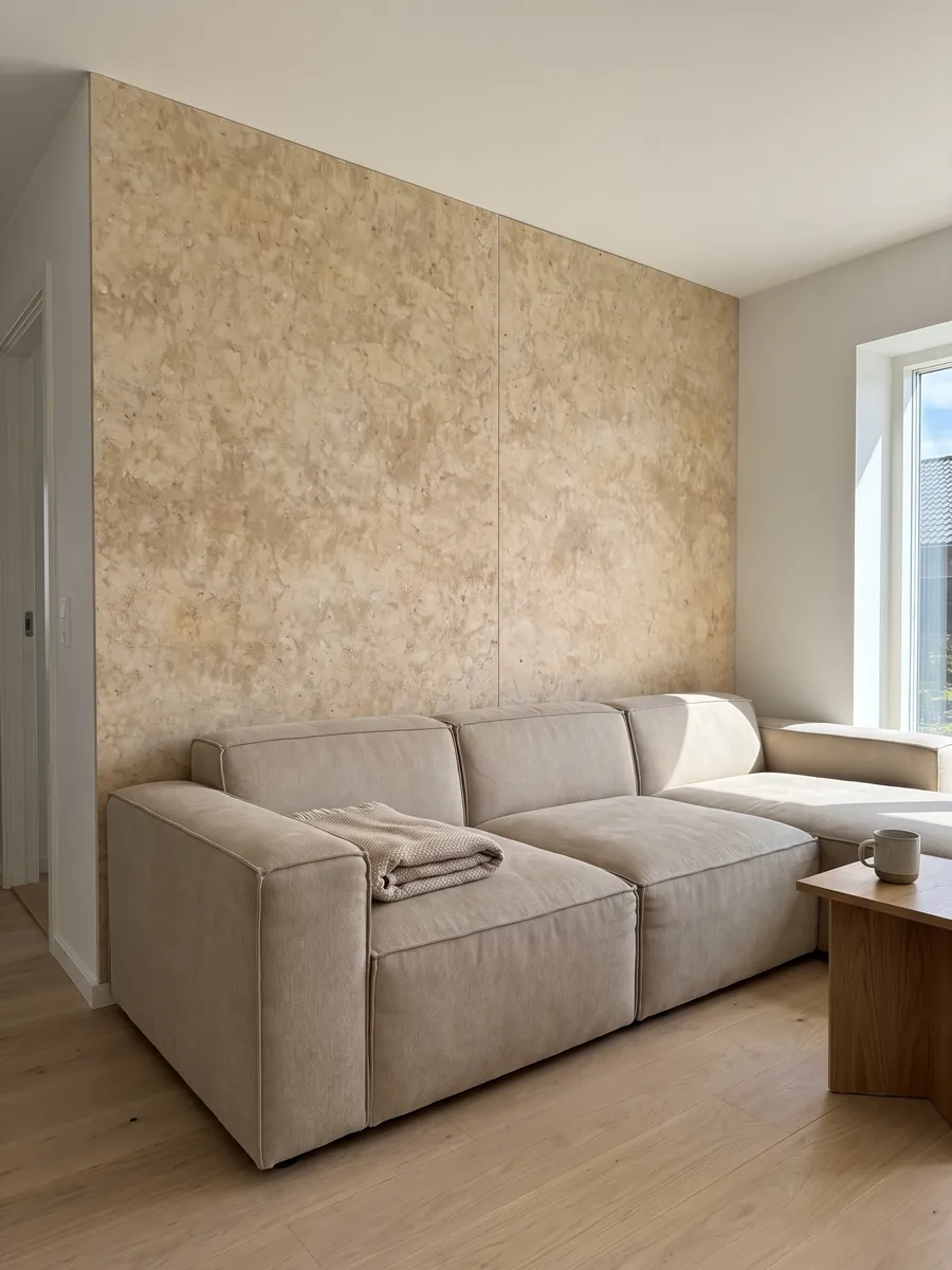 Living room wall clad with bookmatched Santafiora Havana sandstone slabs behind a sofa: warm cream tone with diffuse golden clouds and a soft sandy texture