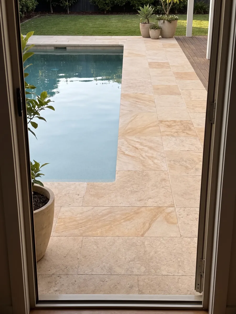 Pool coping and surround in Santafiora Havana sandstone in a home's garden: warm cream tone with diffuse golden clouds and a soft sandy texture