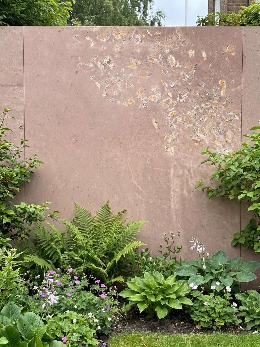 Garden wall clad in Santafiora Ostrea sandstone with plants in front: plain pinkish background with a cluster of visible fossil shells concentrated in one corner
