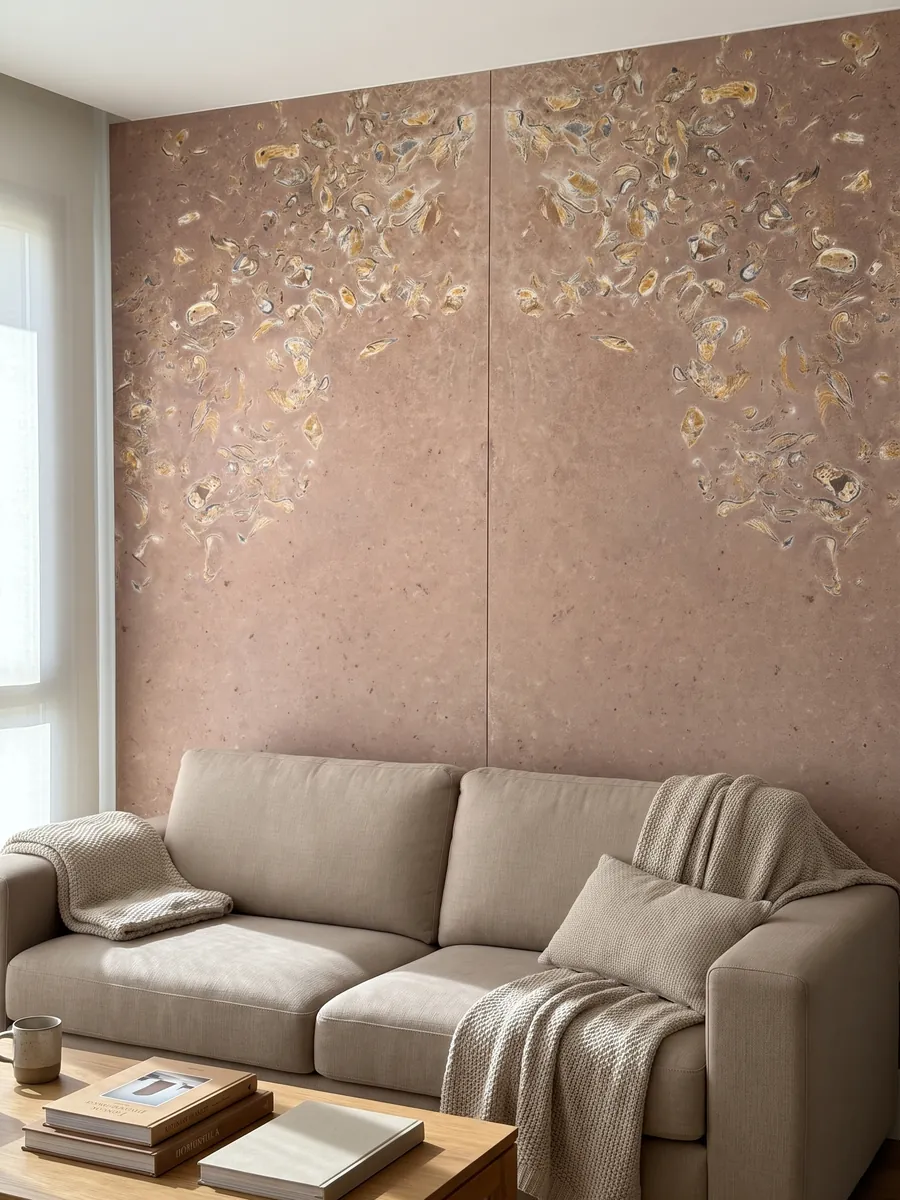 Living room wall clad with bookmatched Santafiora Ostrea sandstone slabs behind a sofa: plain pinkish background with a cluster of visible fossil shells concentrated in one corner
