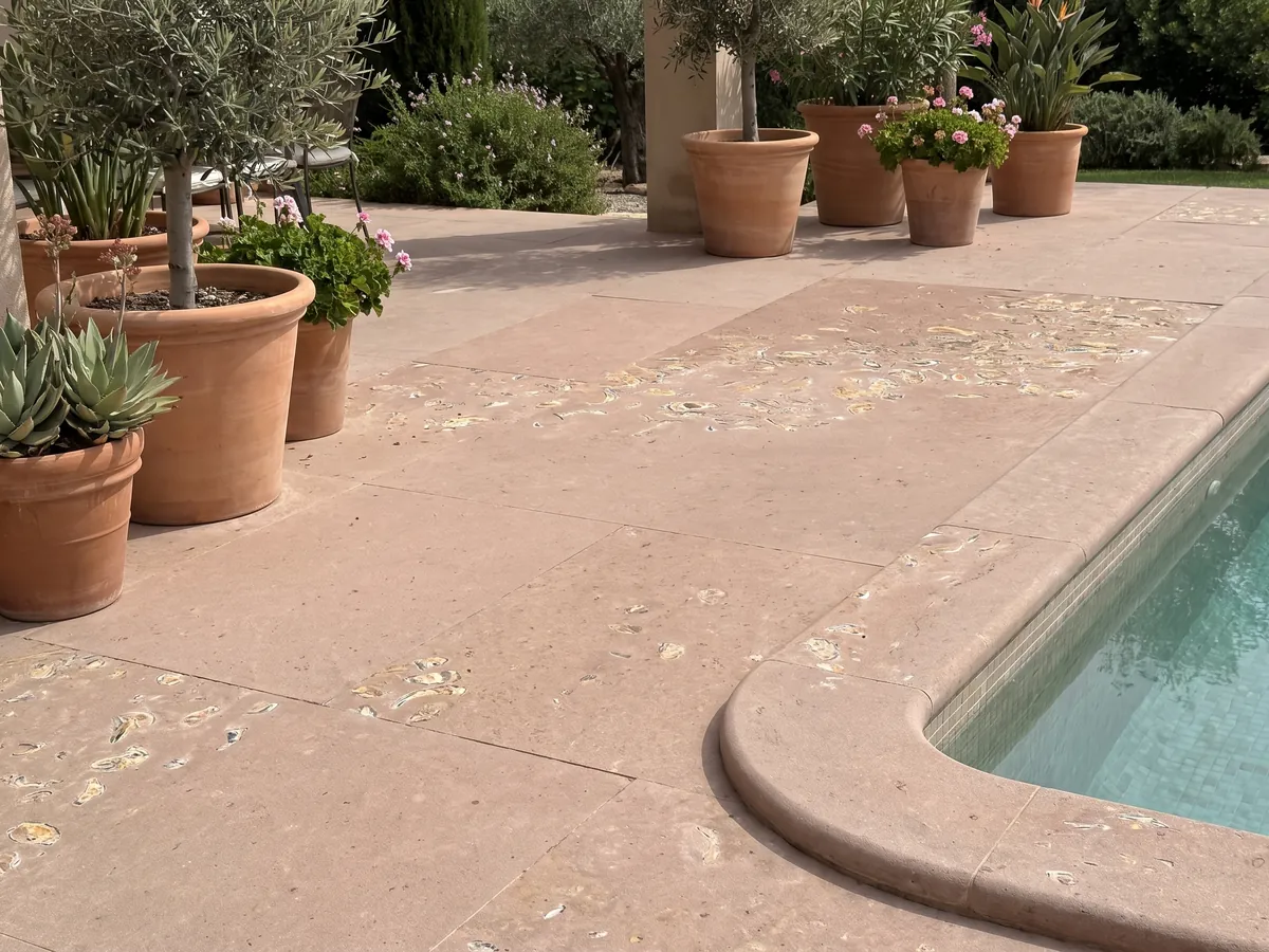 Terrace floor and pool coping in Santafiora Ostrea sandstone with planters: plain pinkish background with a cluster of visible fossil shells concentrated in one corner