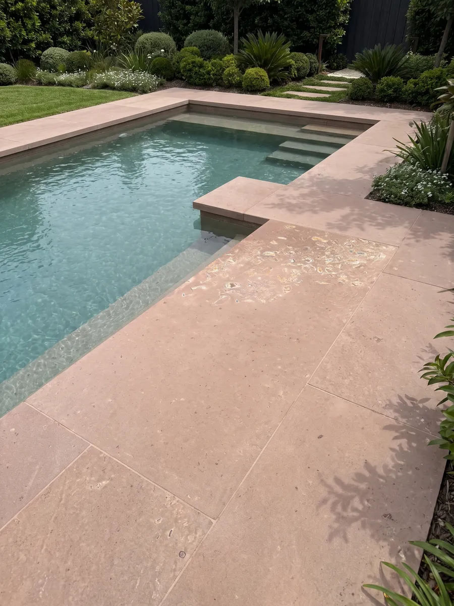 Pool coping and surround in Santafiora Ostrea sandstone in a home's garden: plain pinkish background with a cluster of visible fossil shells concentrated in one corner