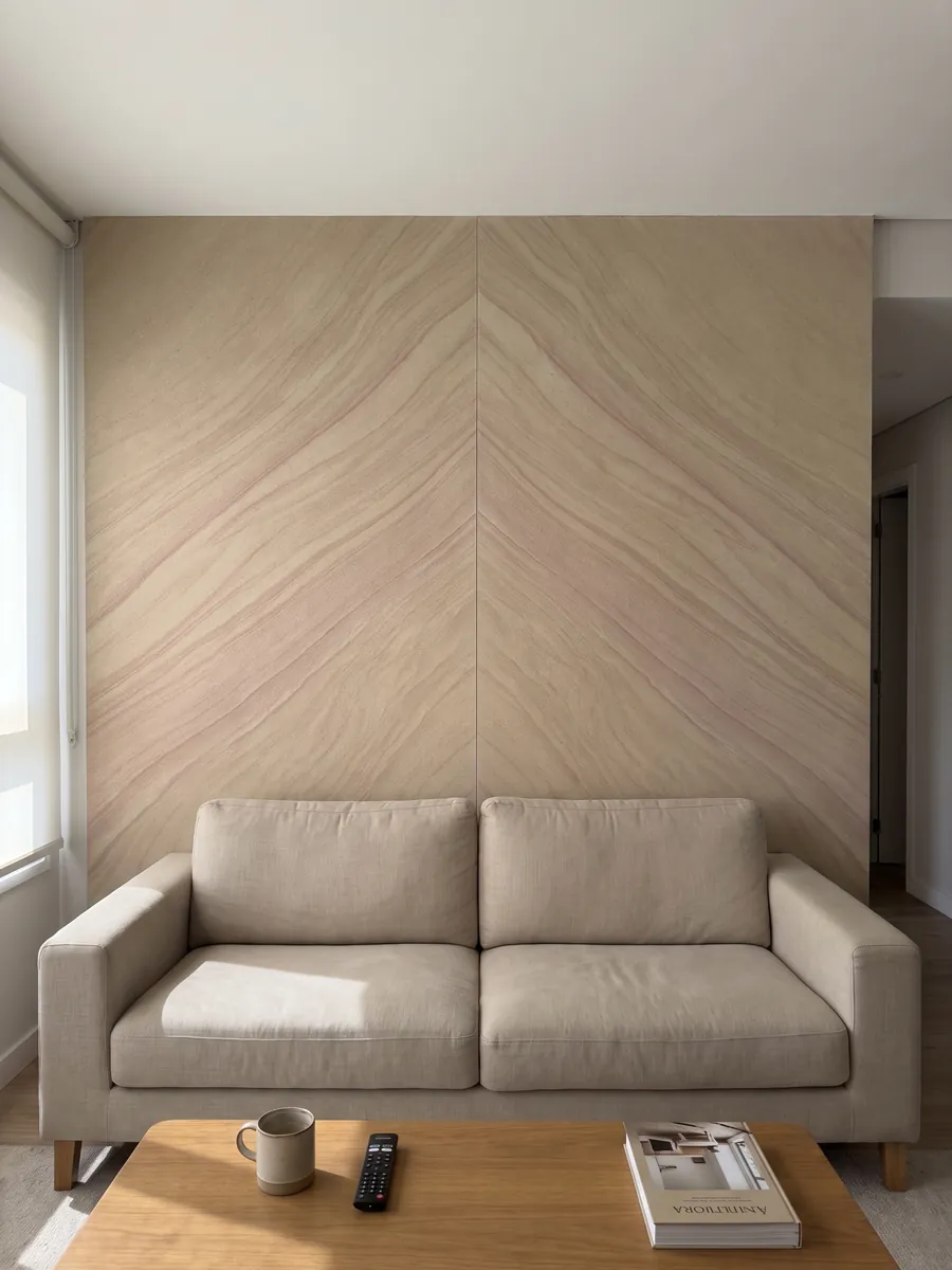 Living room wall clad with bookmatched Santafiora Venata sandstone slabs behind a sofa: sandy beige with soft diagonal waves, like sand dunes