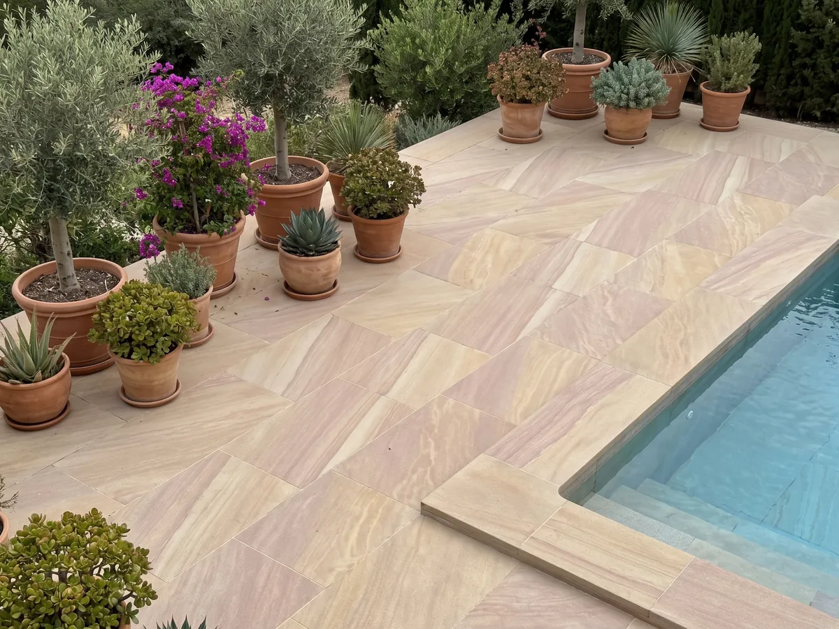 Terrace floor and pool coping in Santafiora Venata sandstone with planters: sandy beige with soft diagonal waves, like sand dunes