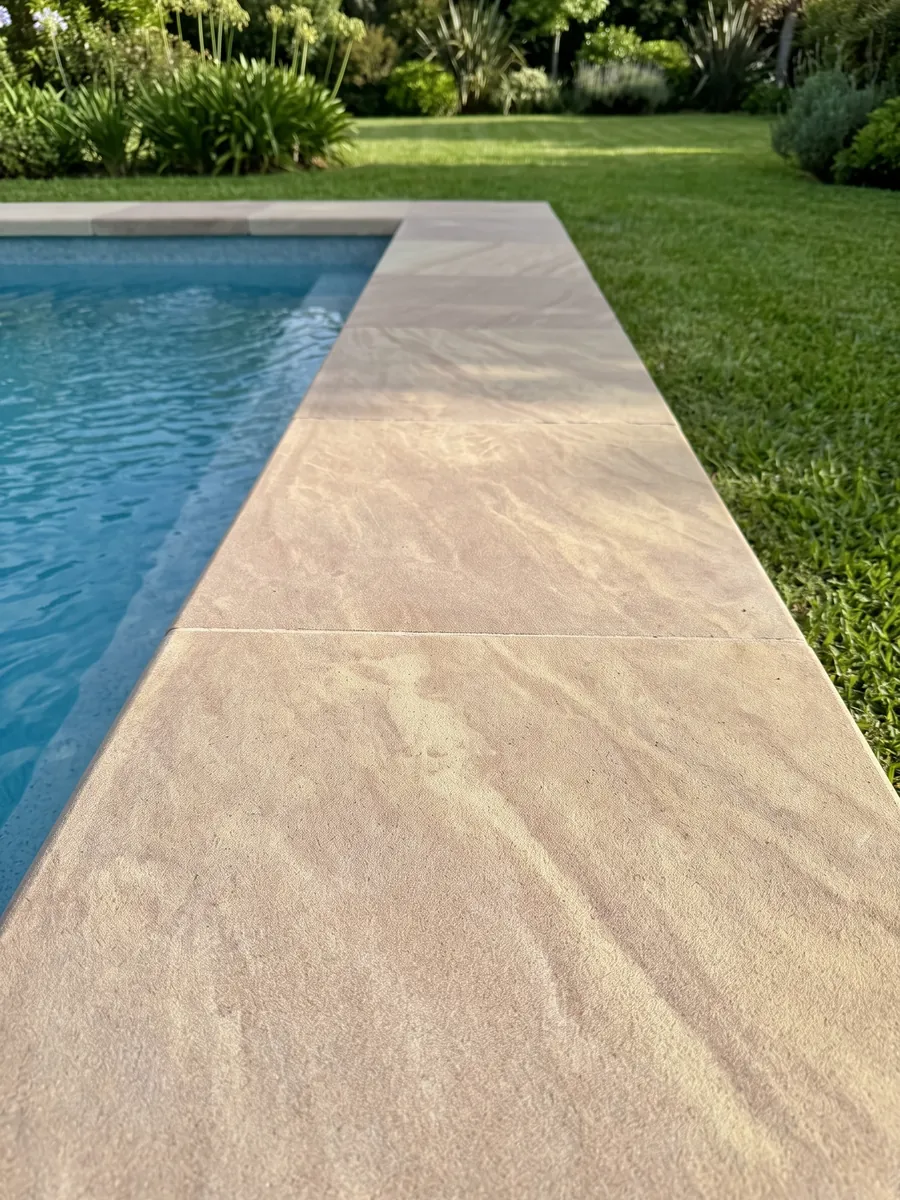 Pool coping and surround in Santafiora Venata sandstone in a home's garden: sandy beige with soft diagonal waves, like sand dunes