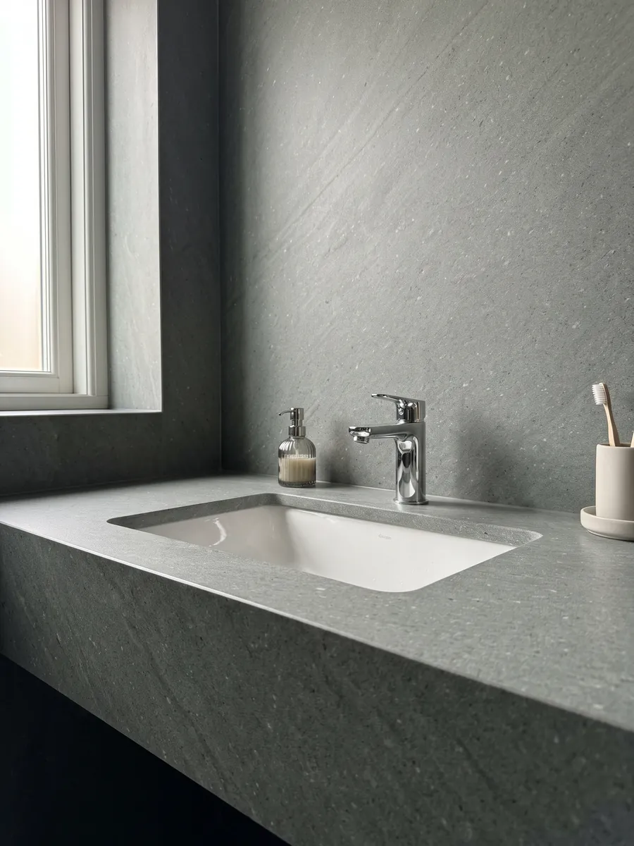 Vanity top and bathroom wall in Basaltite basalt with a white sink and chrome faucets: very uniform fine-grained greenish gray with isolated white specks