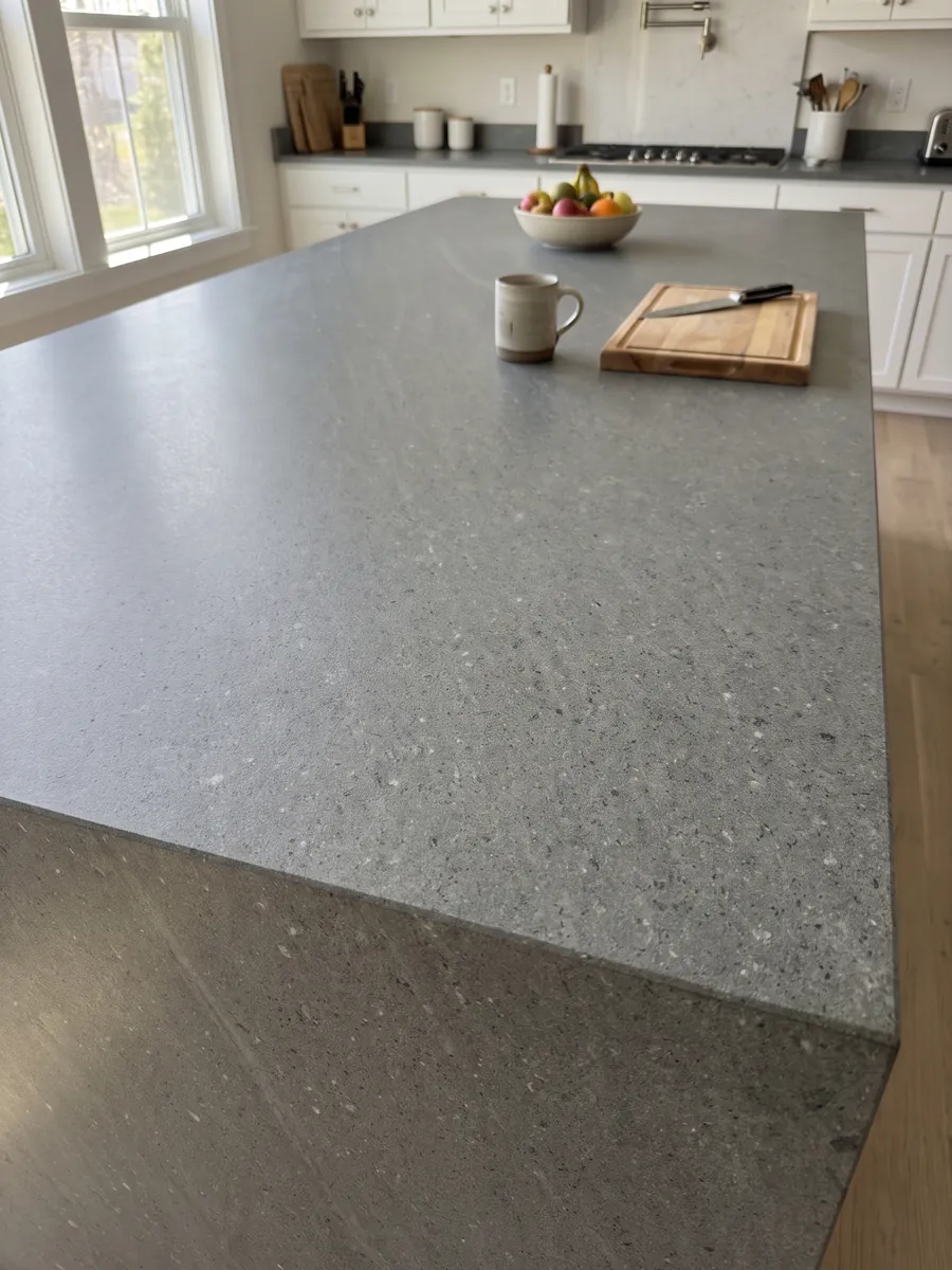 Kitchen island with a Basaltite basalt countertop and a straight edge in a naturally lit kitchen: very uniform fine-grained greenish gray with isolated white specks
