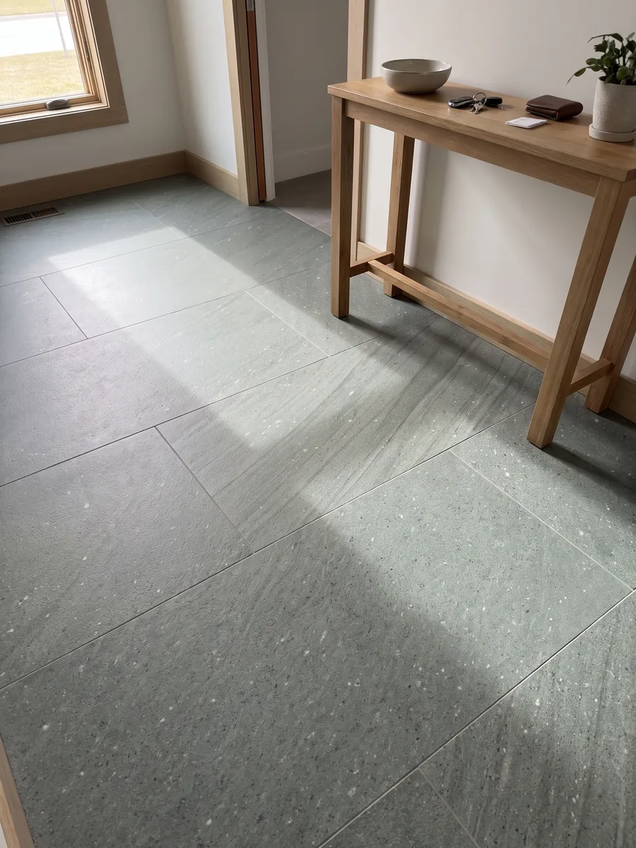 Entryway floor in large Basaltite basalt slabs with natural light: very uniform fine-grained greenish gray with isolated white specks