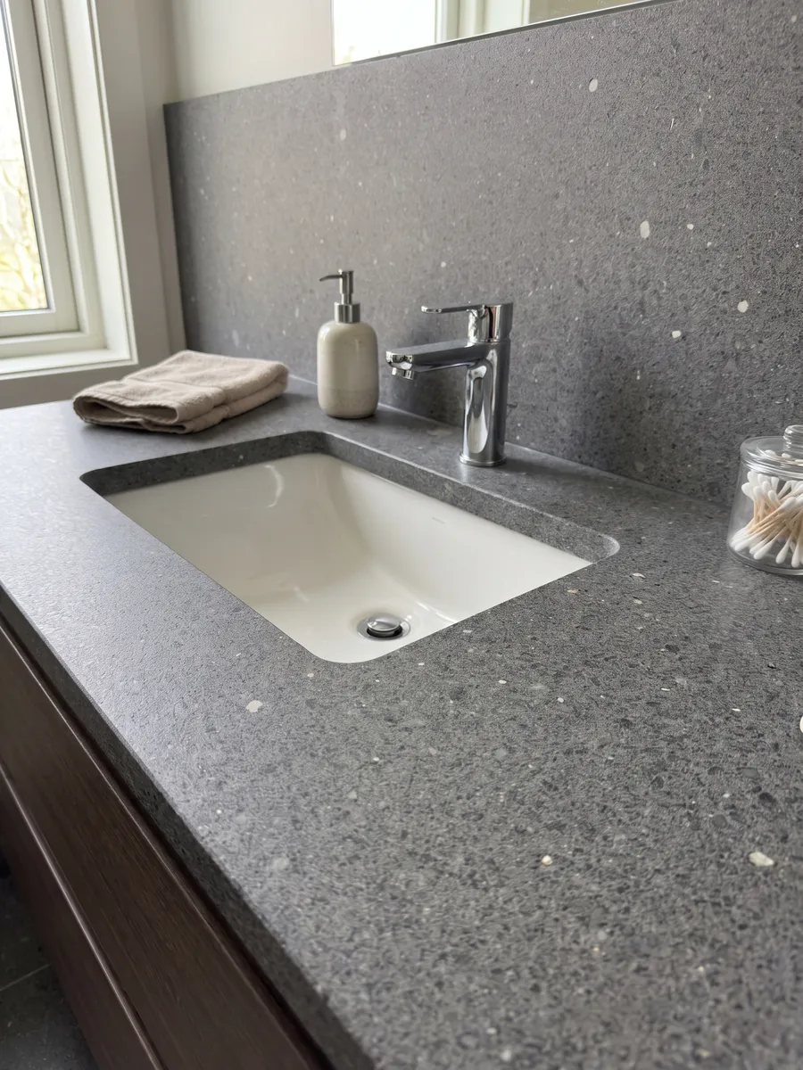 Vanity top and bathroom wall in Lavagrigia basalt with a white sink and chrome faucets: granular salt and pepper purplish gray with scattered white inclusions