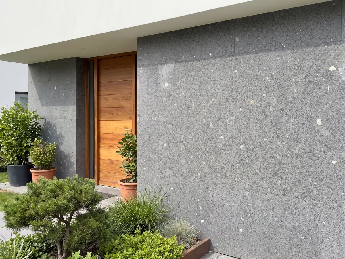 House facade clad in Lavagrigia basalt next to a wooden door: granular salt and pepper purplish gray with scattered white inclusions