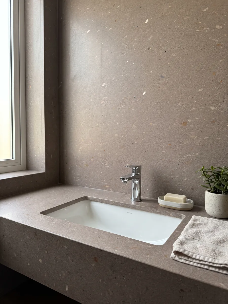 Vanity top and bathroom wall in Lavarosa basalt with a white sink and chrome faucets: pinkish taupe, fine grained, with small white and reddish inclusions