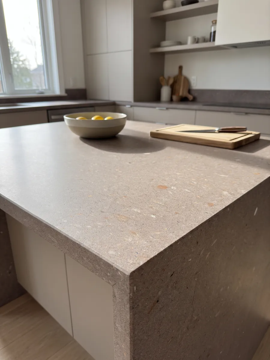 Kitchen island with a Lavarosa basalt countertop and a straight edge in a naturally lit kitchen: pinkish taupe, fine grained, with small white and reddish inclusions