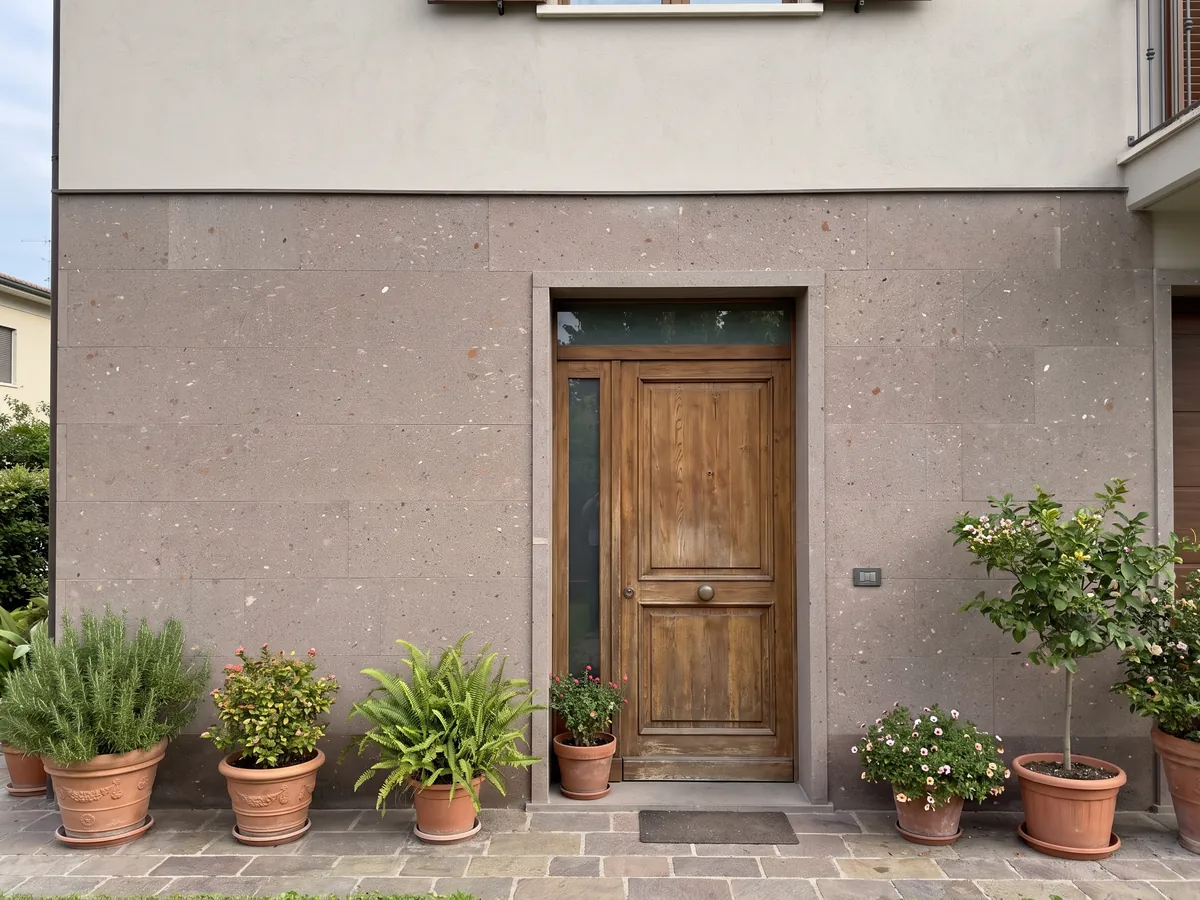 House facade clad in Lavarosa basalt next to a wooden door: pinkish taupe, fine grained, with small white and reddish inclusions