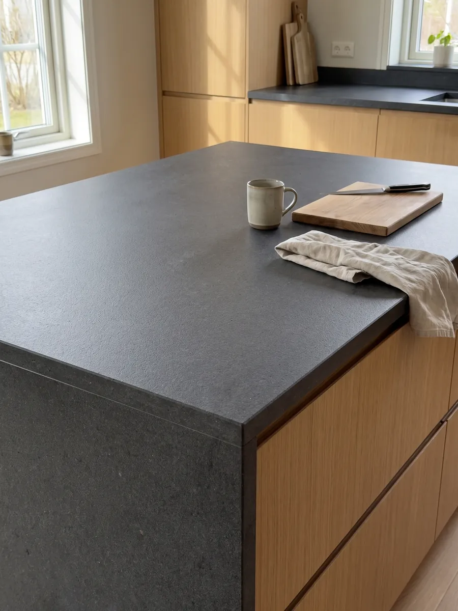 Kitchen island with a Pietra Lavica basalt countertop and a straight edge in a naturally lit kitchen: almost black gray, uniform and very fine-grained