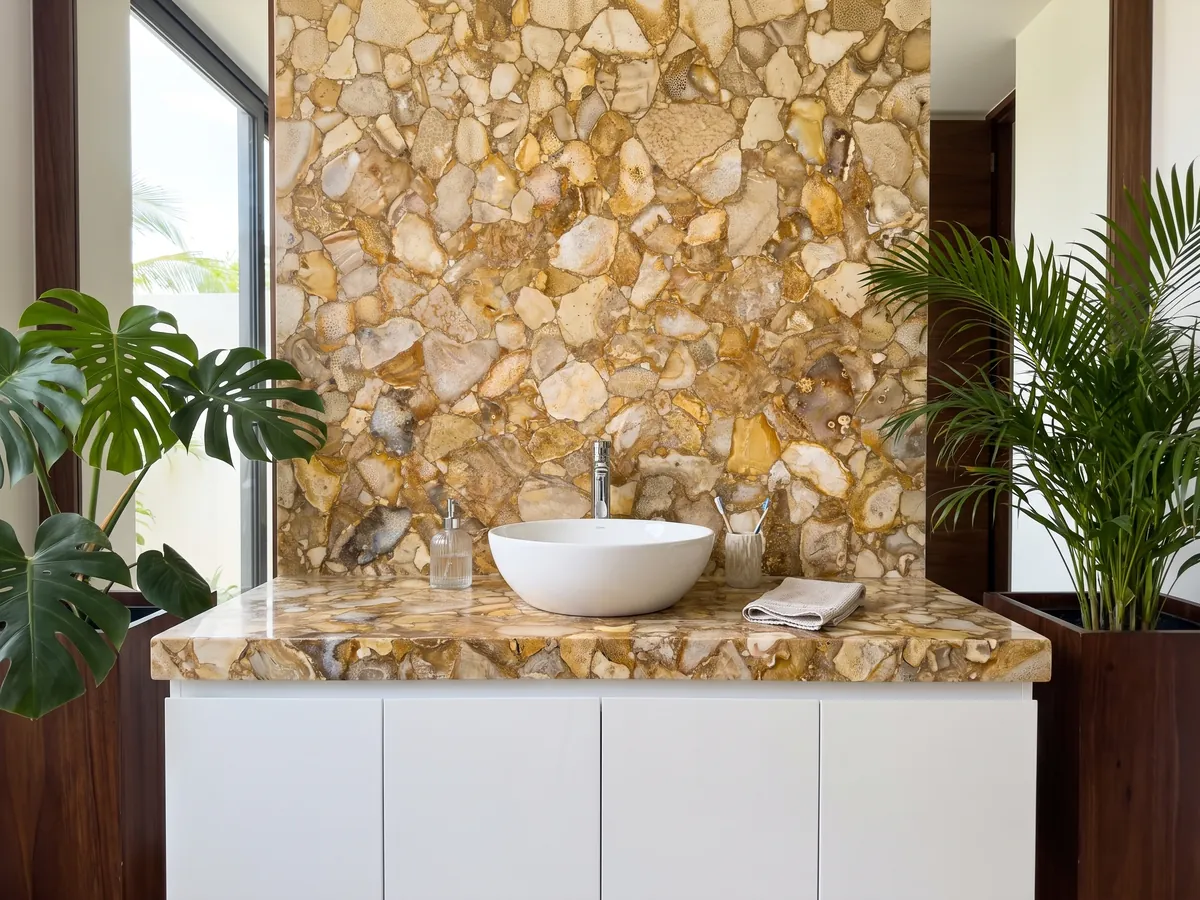Vanity top and bathroom wall in fossil coral with a white sink and chrome faucets: light fossil coral fragments over an ochre gold background