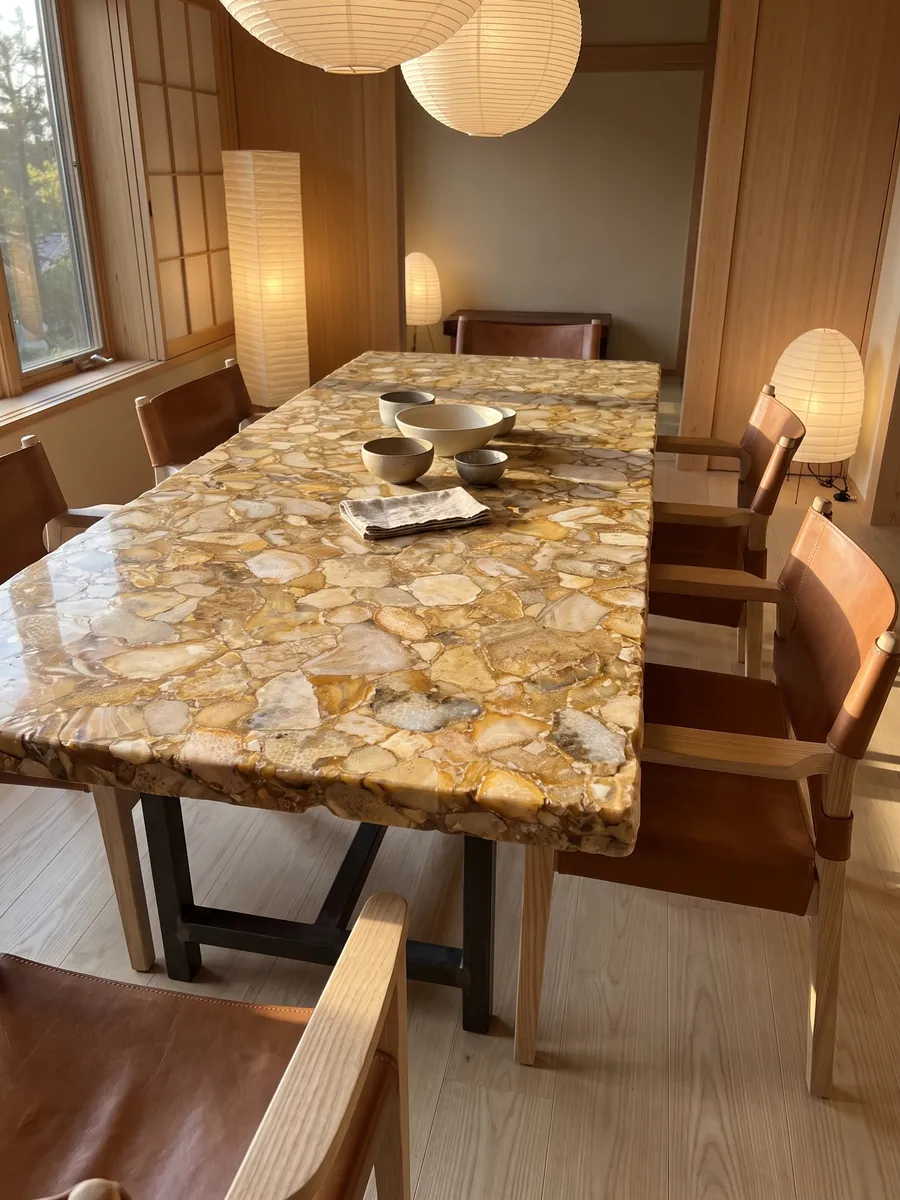 Dining table with a fossil coral top on a steel base: light fossil coral fragments over an ochre gold background