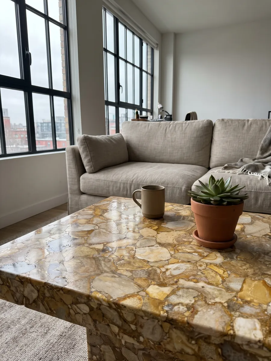 Coffee table with a fossil coral top in a living room: light fossil coral fragments over an ochre gold background