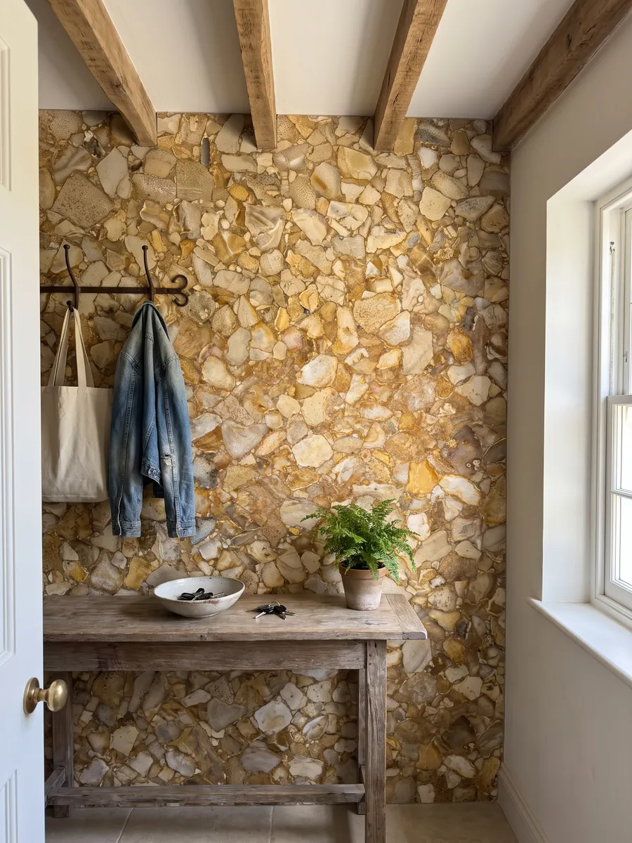 Entryway wall clad in fossil coral with a narrow console: light fossil coral fragments over an ochre gold background