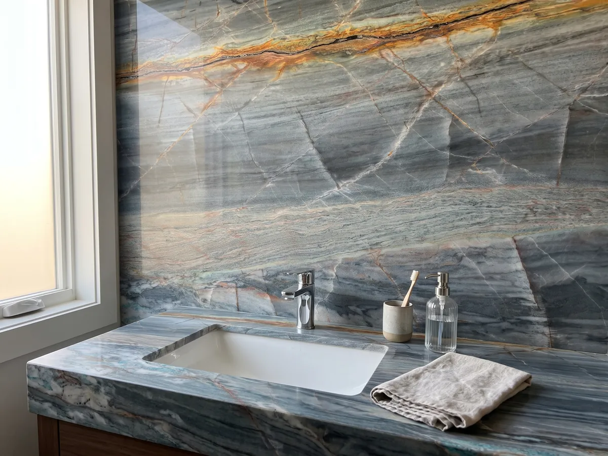 Vanity top and bathroom wall in Blue Atlantic quartzite with a white sink and chrome fixtures: grayish blue in horizontal bands with a strong orange vein on top