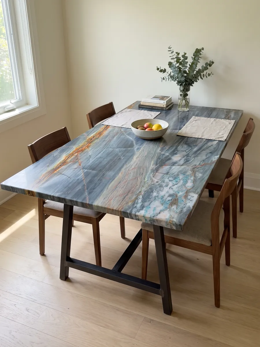Dining table with a Blue Atlantic quartzite top on a steel base: grayish blue in horizontal bands with a strong orange vein on top