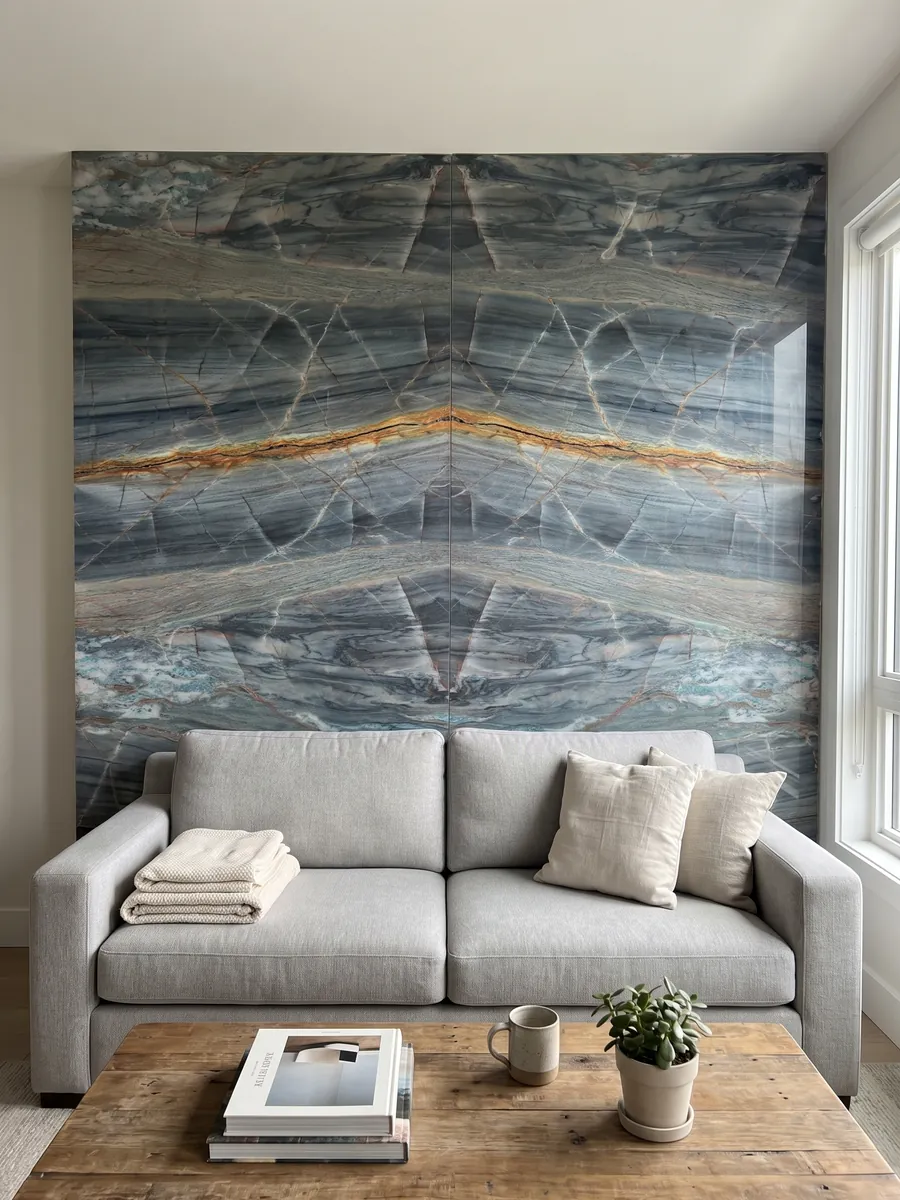 Living room wall clad with bookmatched Blue Atlantic quartzite slabs behind a sofa: grayish blue in horizontal bands with a strong orange vein on top