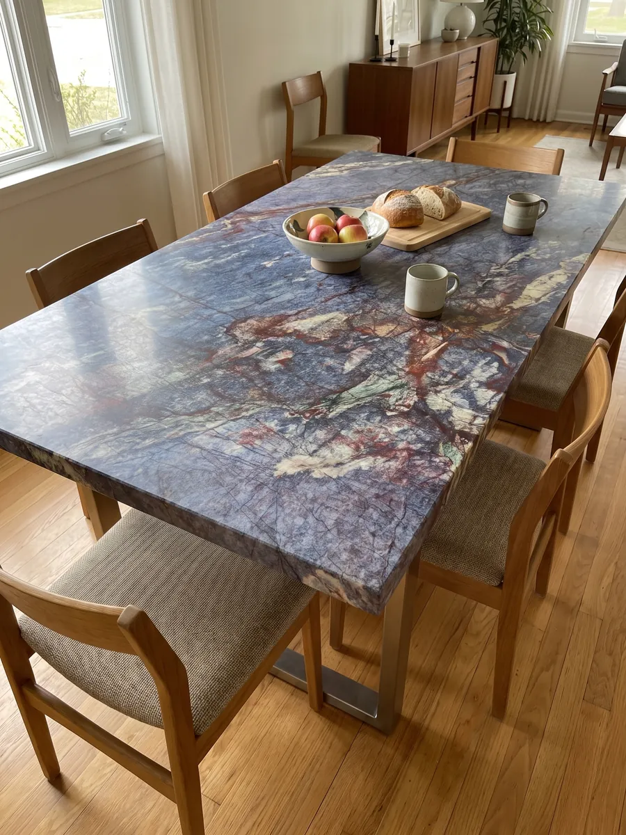 Dining table with a Blue Luise quartzite top on a steel base: violet blue crossed by a dense network of rust red veins