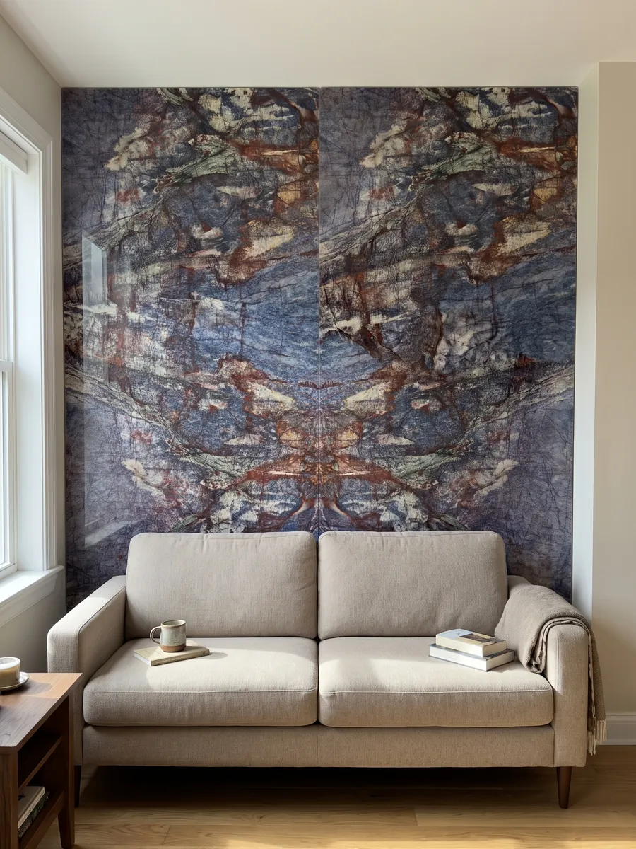 Living room wall clad in bookmatched Blue Luise quartzite slabs behind a sofa: violet blue crossed by a dense network of rust red veins