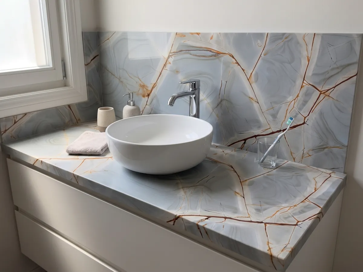 Vanity top and bathroom wall in Blue Roma quartzite with a white sink and chrome faucets: light grayish blue with branched reddish veins and soft concentric patterns
