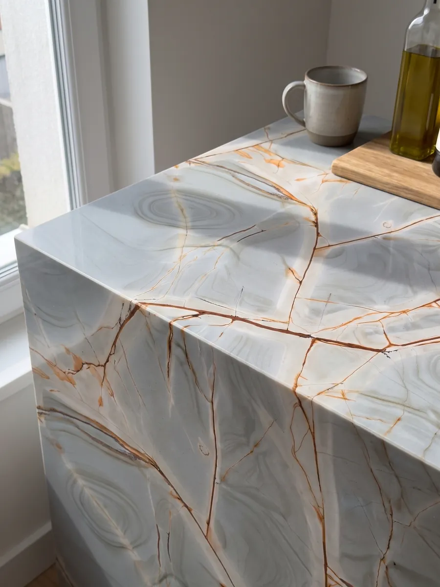 Straight edge of a kitchen countertop in Blue Roma quartzite with the vein continuing over the edge: light grayish blue with branched reddish veins and soft concentric patterns