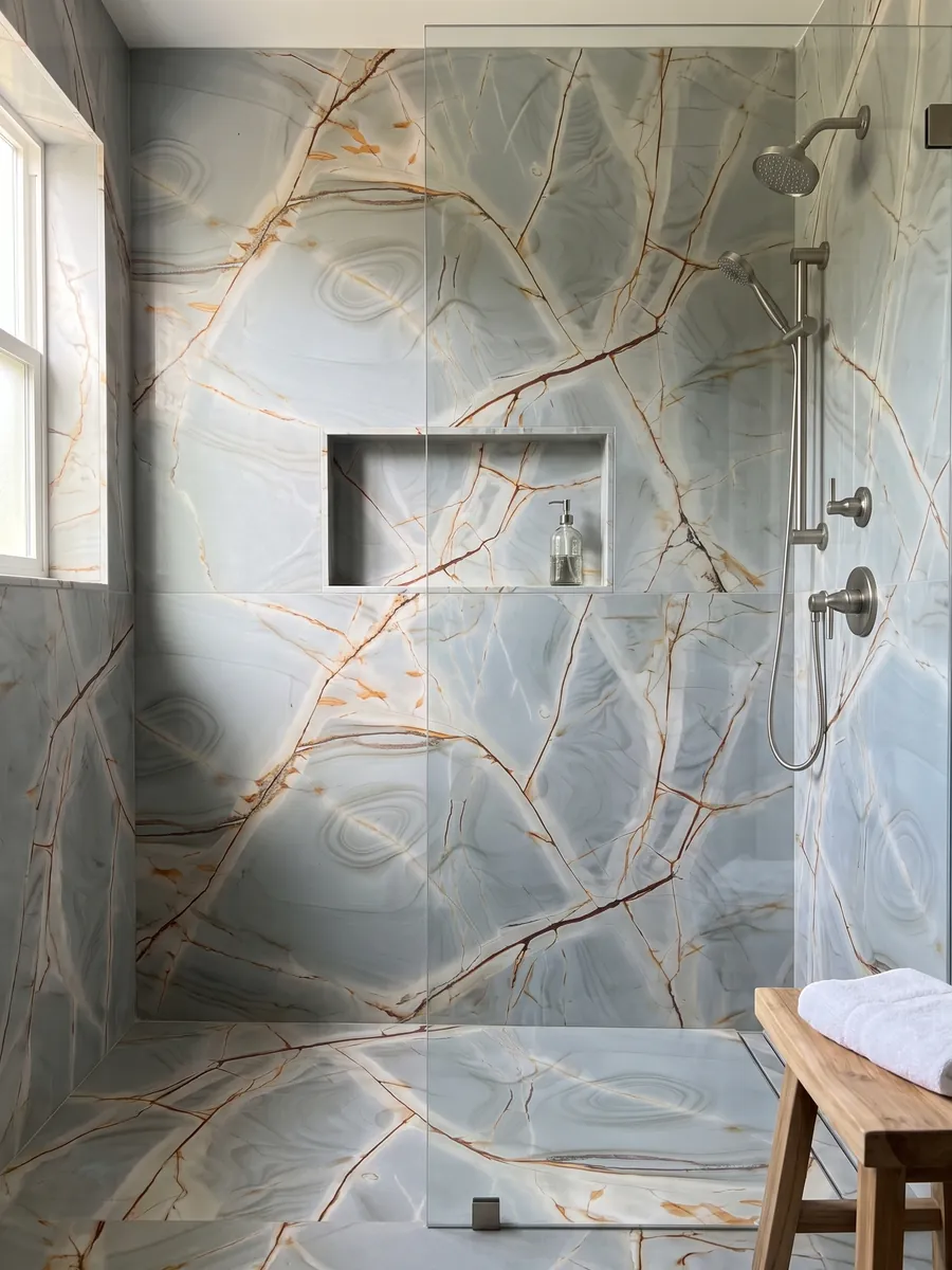 Shower clad in full Blue Roma quartzite slabs with a recessed niche: light grayish blue with branched reddish veins and soft concentric patterns