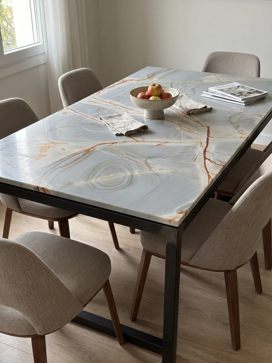 Dining table with a Blue Roma quartzite top on a steel base: light grayish blue with branched reddish veins and soft concentric patterns