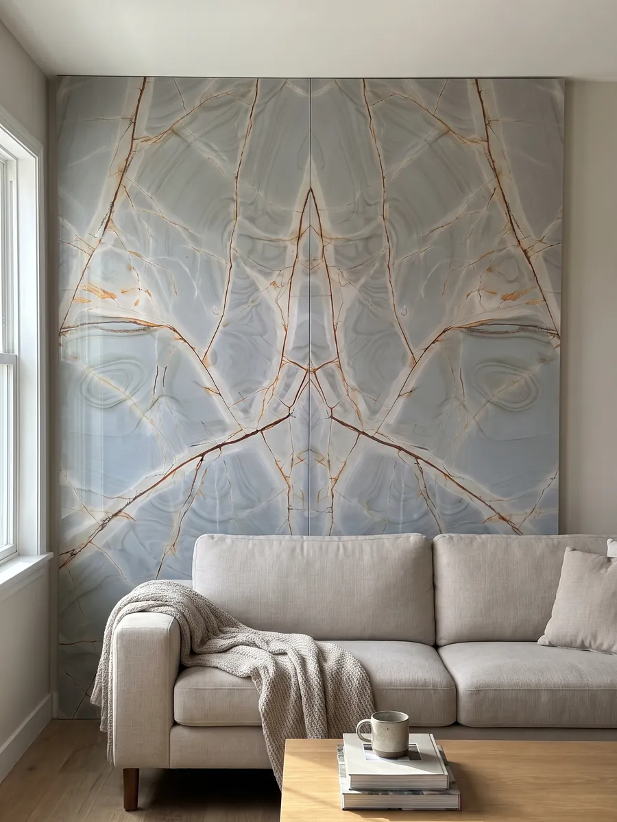 Living room wall clad in bookmatched Blue Roma quartzite slabs behind a sofa: light grayish blue with branched reddish veins and soft concentric patterns