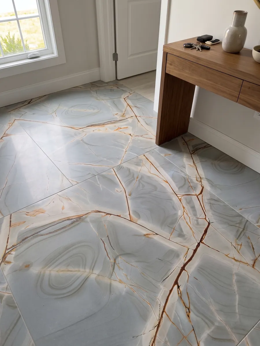 Entryway floor in large Blue Roma quartzite slabs with natural light: light grayish blue with branched reddish veins and soft concentric patterns