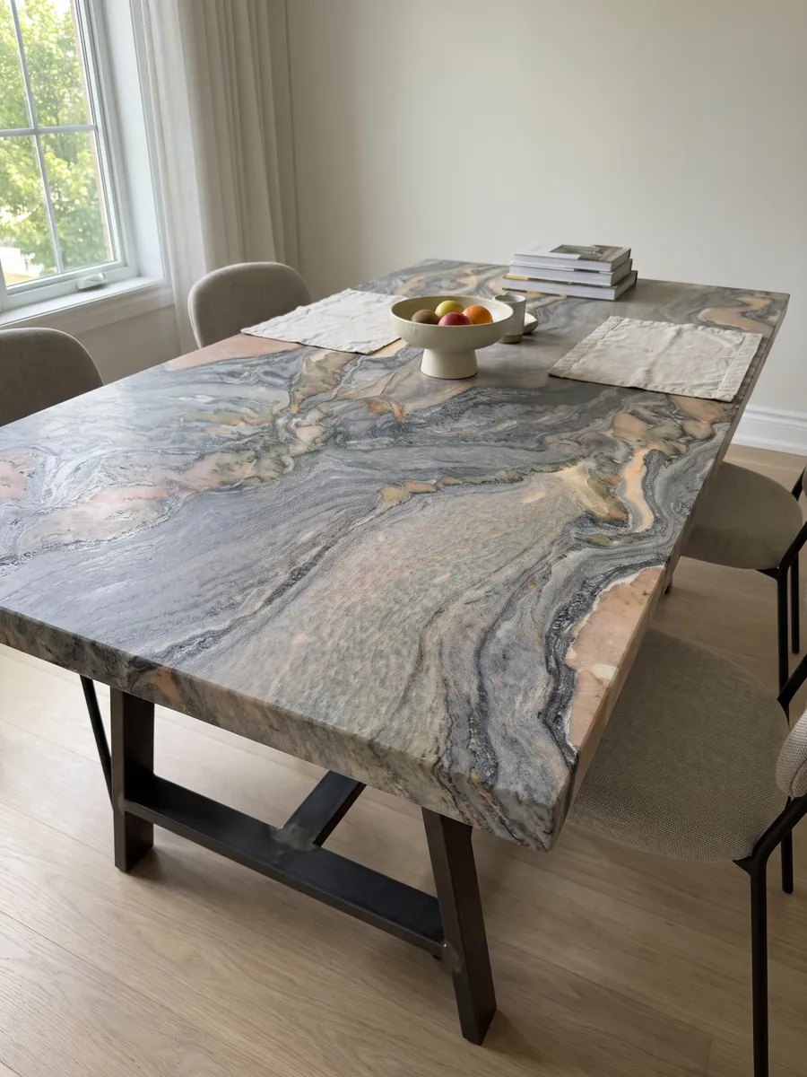 Dining table with a blue Caravaggio quartzite top on a steel base: blue-gray swirls with salmon and cream patches moving diagonally