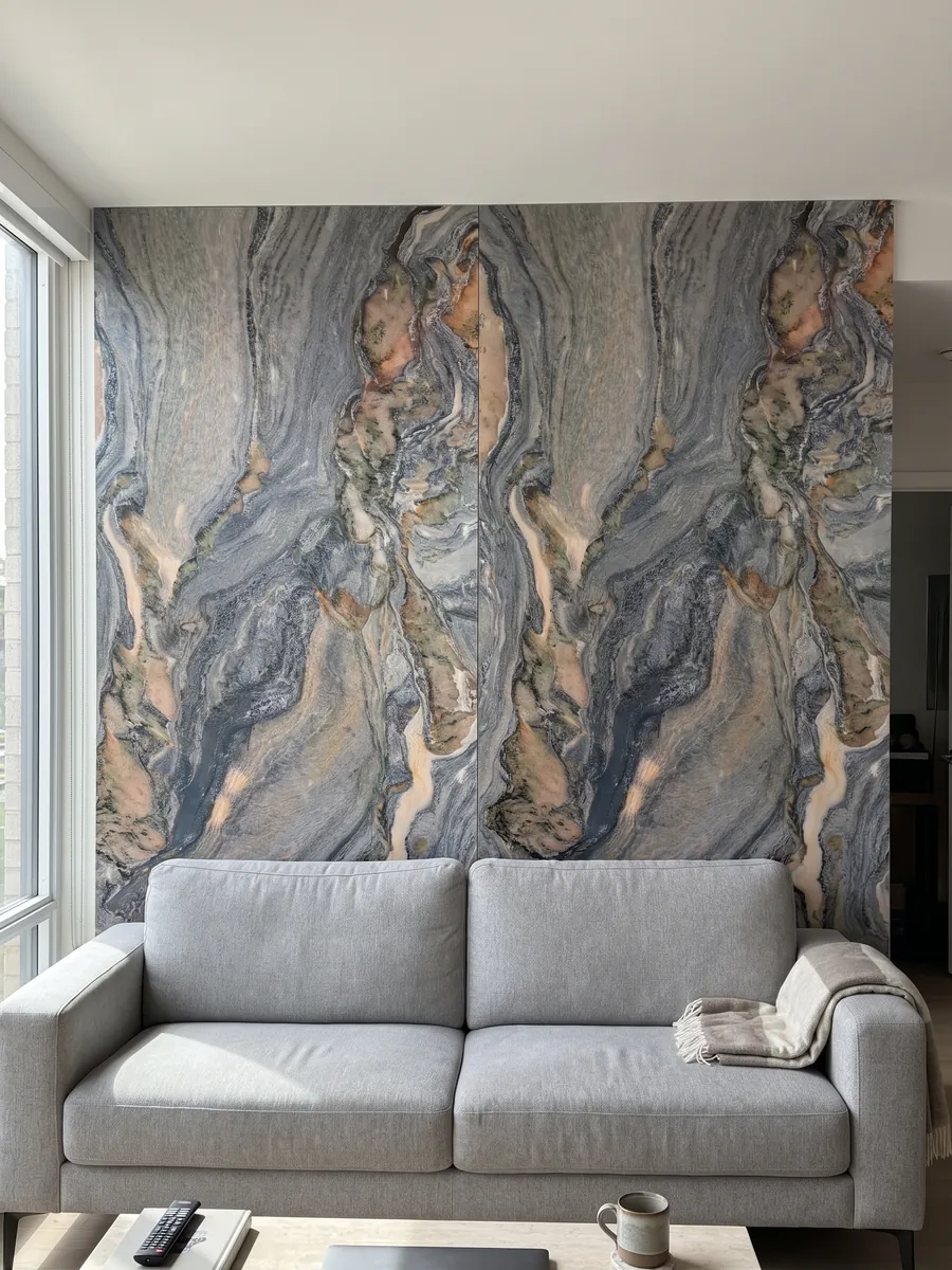 Living room wall clad with bookmatched blue Caravaggio quartzite slabs behind a sofa: blue-gray swirls with salmon and cream patches moving diagonally