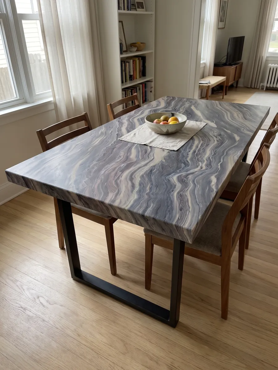 Dining table with an Explosion Blue quartzite top on a steel base: tight blue grey and cream waves running across the whole slab on the diagonal