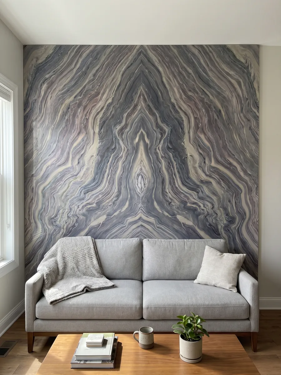 Living room wall clad in bookmatched slabs of Explosion Blue quartzite behind a sofa: tight blue grey and cream waves running across the whole slab on the diagonal