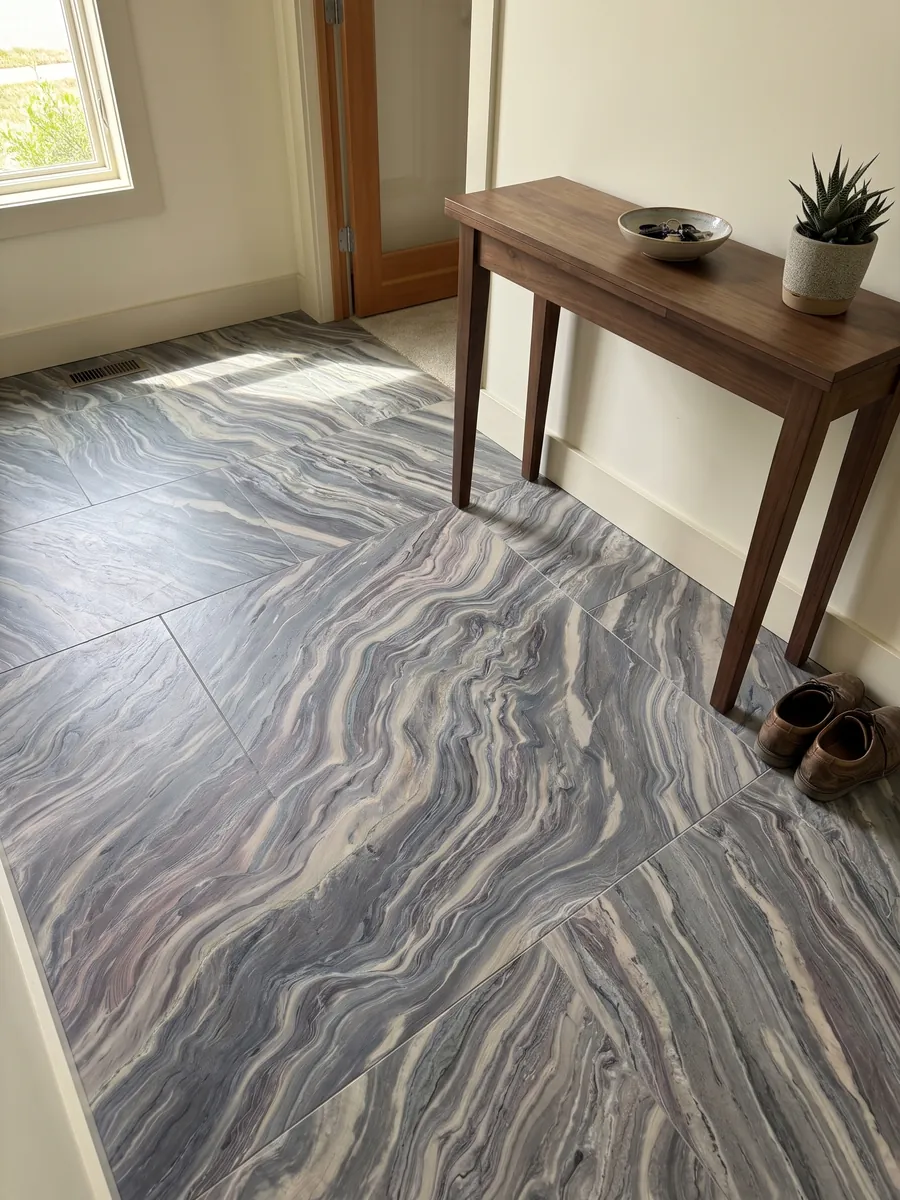Entryway floor in large slabs of Explosion Blue quartzite with natural light: tight blue grey and cream waves running across the whole slab on the diagonal