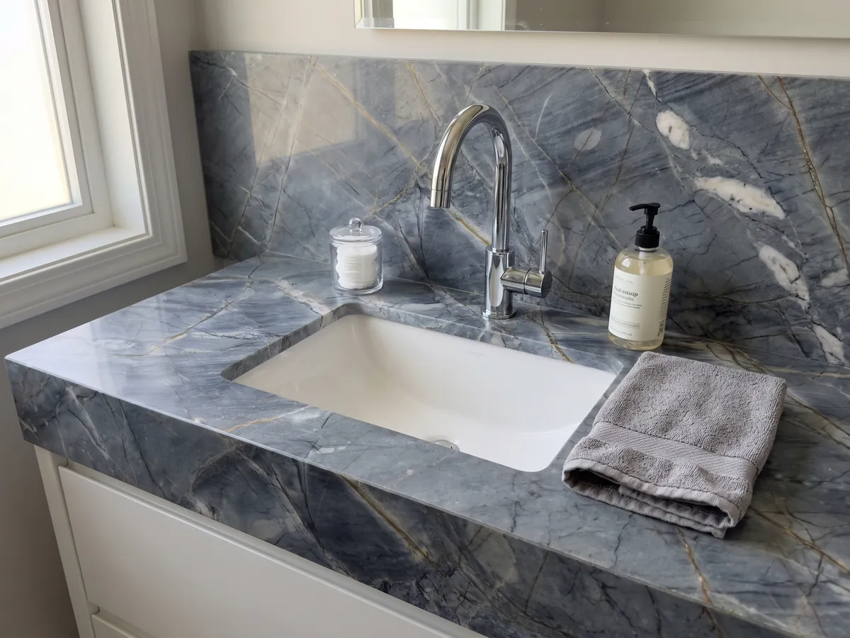 Vanity top and bathroom wall in Ijene Blue quartzite with a white sink and chrome faucets: slate blue with fine crossing ochre veins