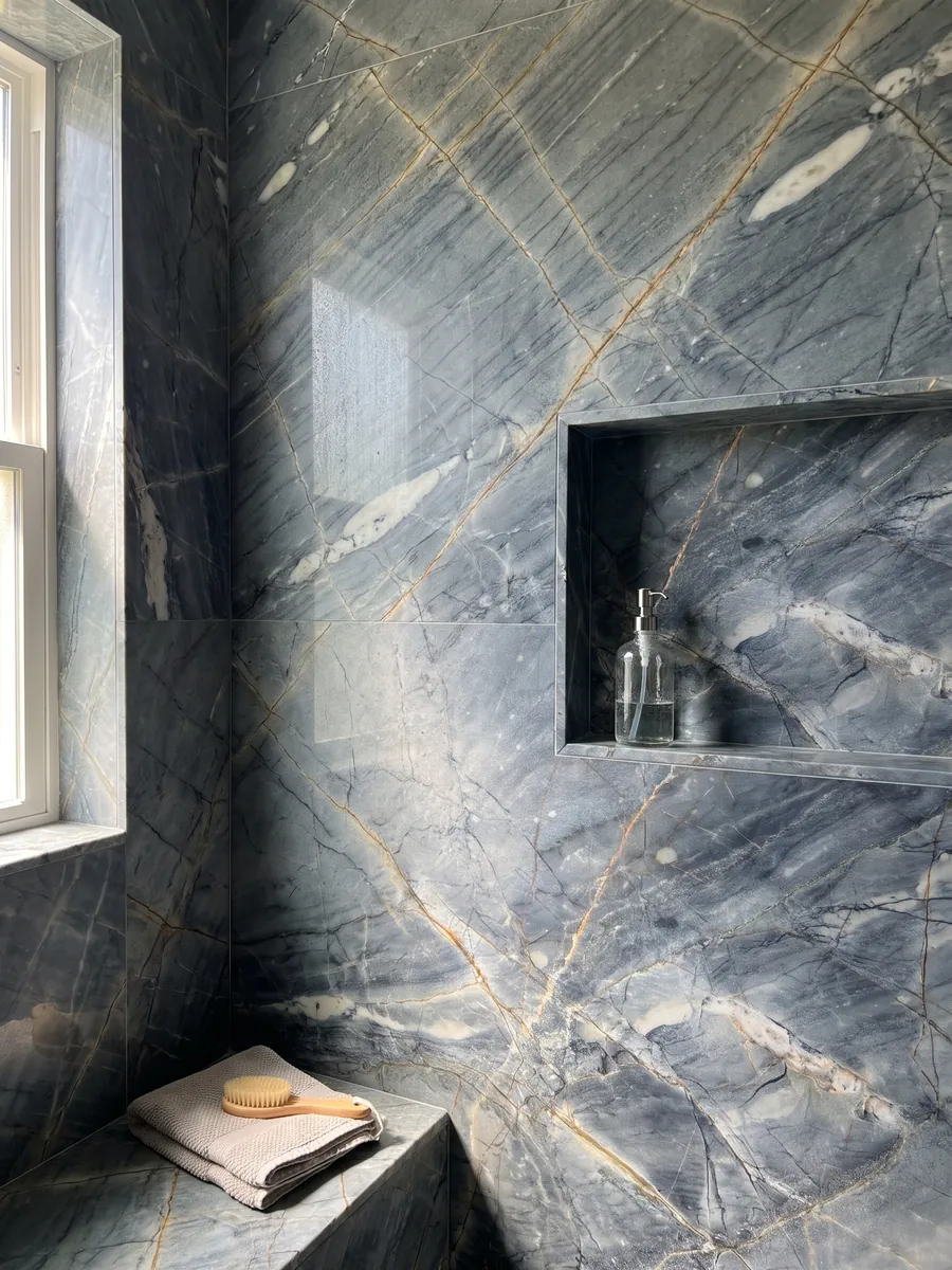 Shower clad in full Ijene Blue quartzite slabs with a recessed niche: slate blue with fine crossing ochre veins