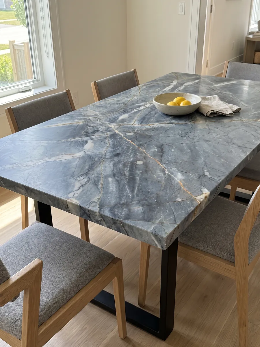 Dining table with an Ijene Blue quartzite top on a steel base: slate blue with fine crossing ochre veins