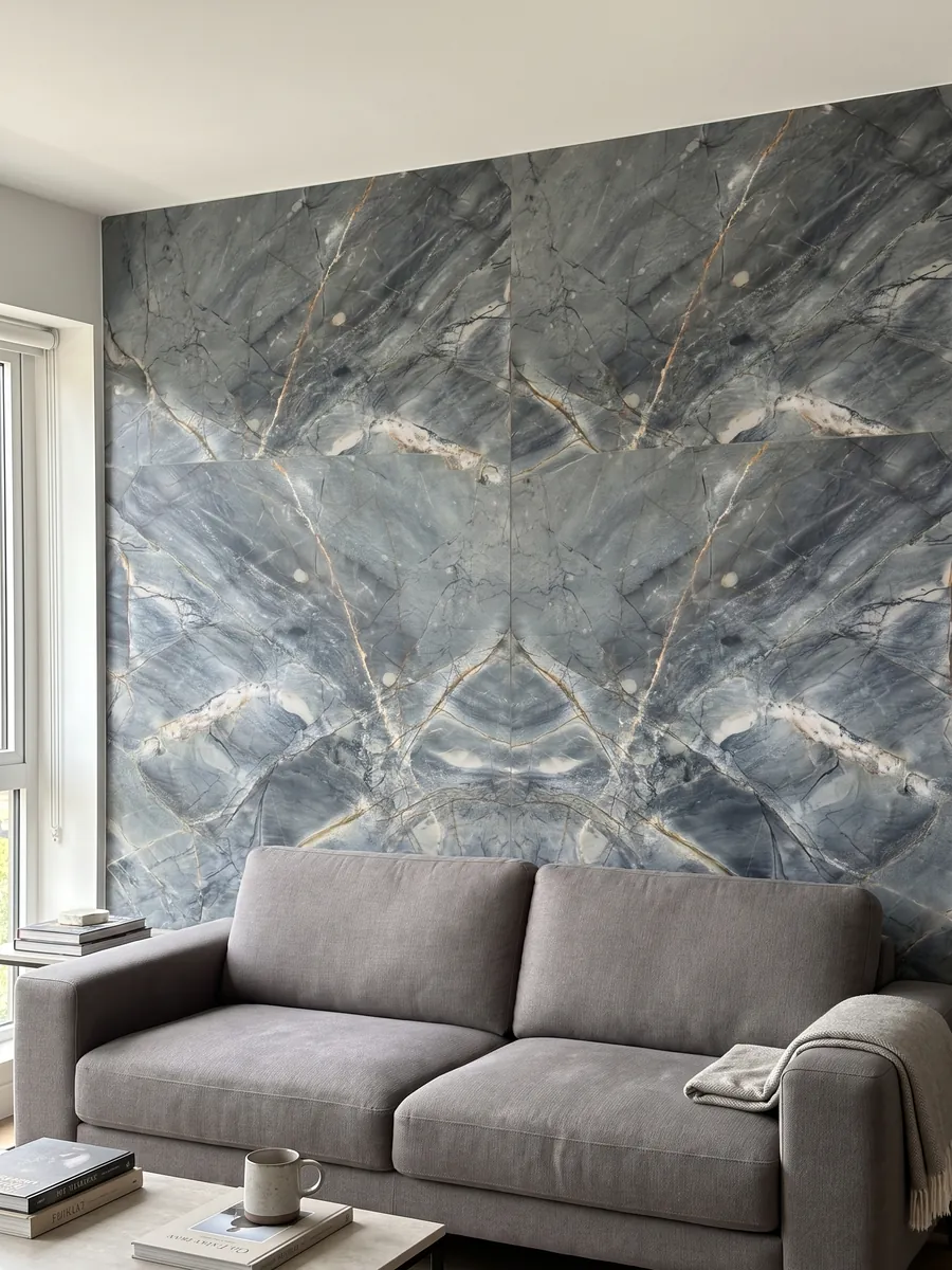 Living room wall clad with bookmatched Ijene Blue quartzite slabs behind a sofa: slate blue with fine crossing ochre veins