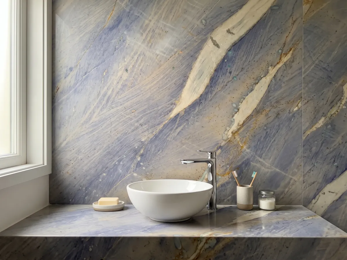 Vanity top and bathroom wall in Azul Macaubas quartzite with a white sink and chrome faucets: lavender blue background with a large cream band on the diagonal and ochre touches