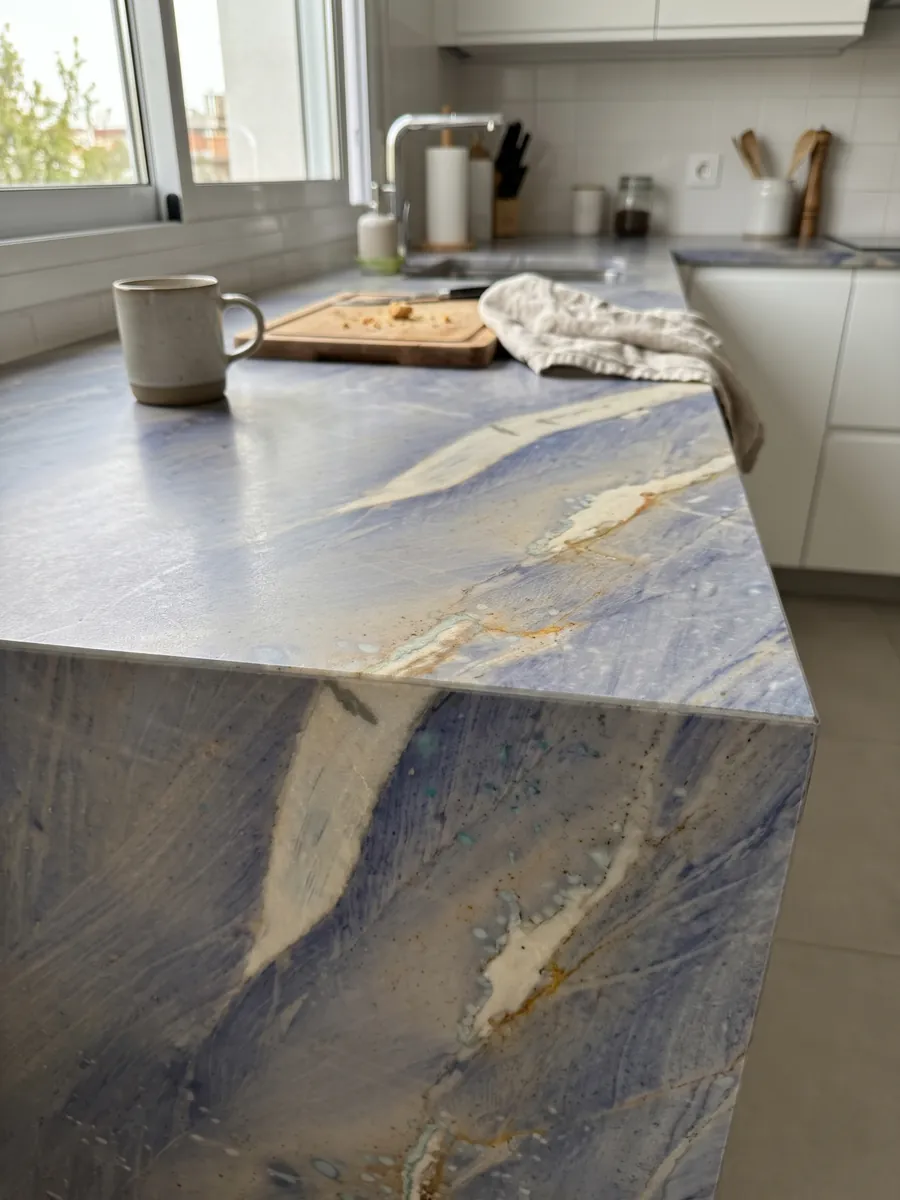 Straight edge of an Azul Macaubas quartzite kitchen countertop with the vein continuing over the edge: lavender blue background with a large cream band on the diagonal and ochre touches