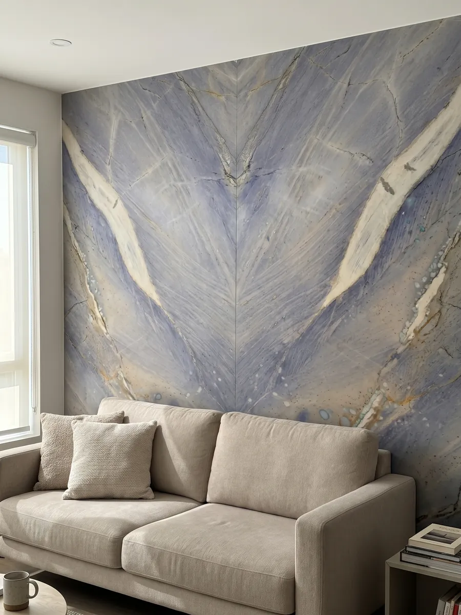 Living room wall clad in bookmatched Azul Macaubas quartzite slabs behind a sofa: lavender blue background with a large cream band on the diagonal and ochre touches