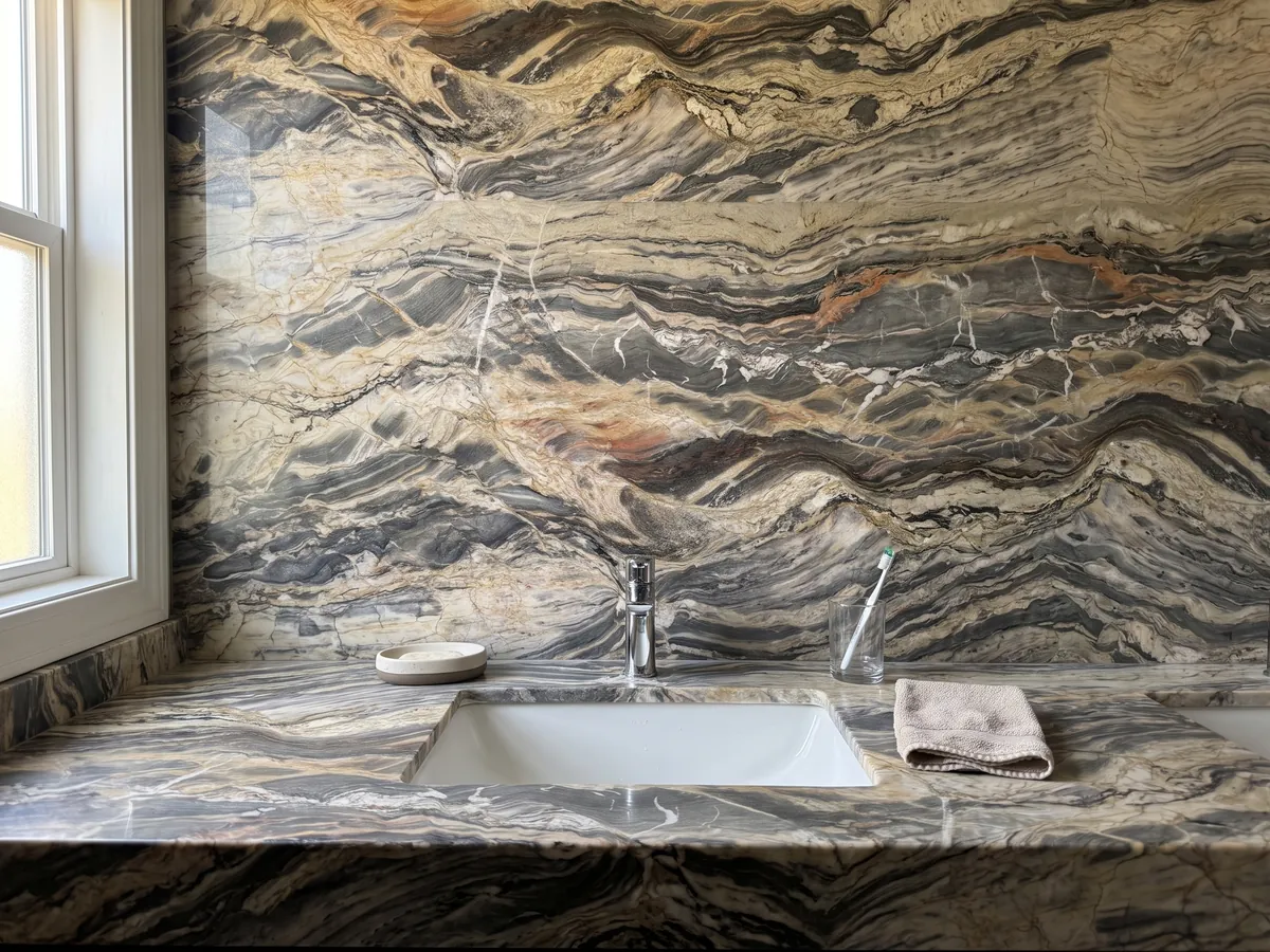 Vanity top and bathroom wall in beige Colorado quartzite with a white sink and chrome fixtures: very busy horizontal waves in cream and dark gray, with the occasional orange touch